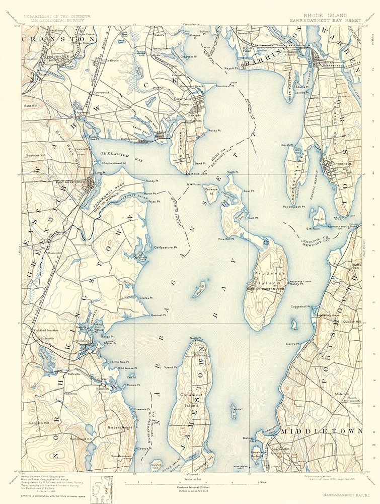 Narragansett Rhode Island Sheet - USGS 1892 art print by USGS for $57.95 CAD