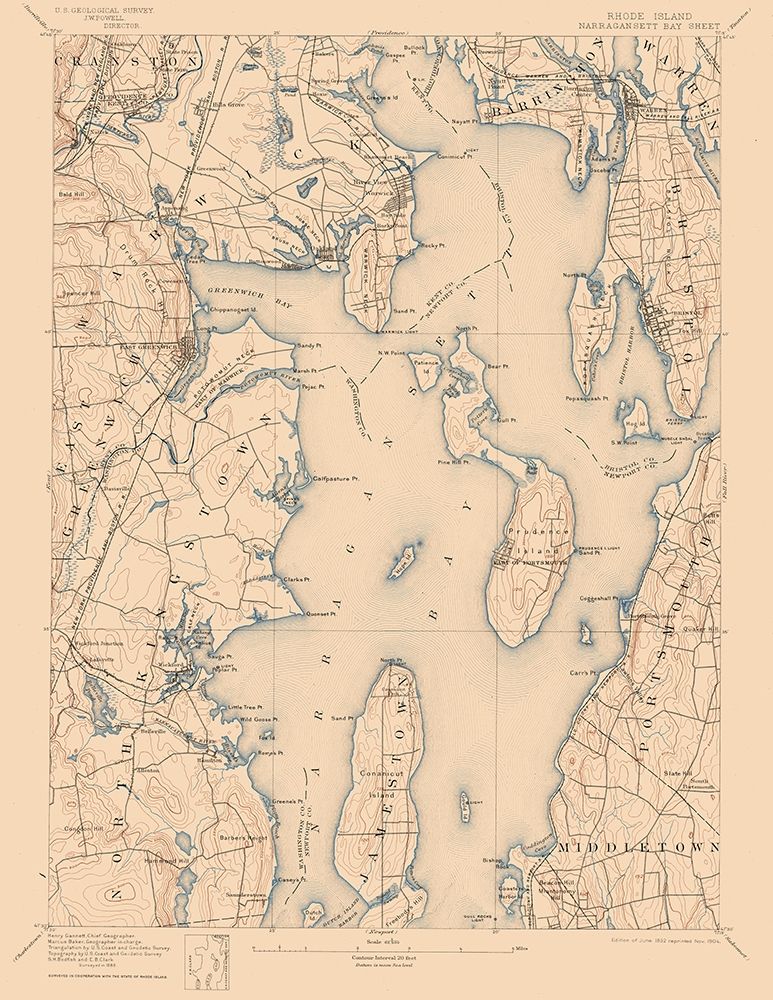 Narragansett Bay Rhode Island Sheet - USGS 1892 art print by USGS for $57.95 CAD
