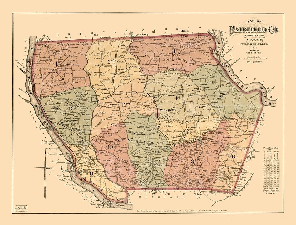 Fairfield County South Carolina - Elkin 1876 art print by Elkin for $57.95 CAD