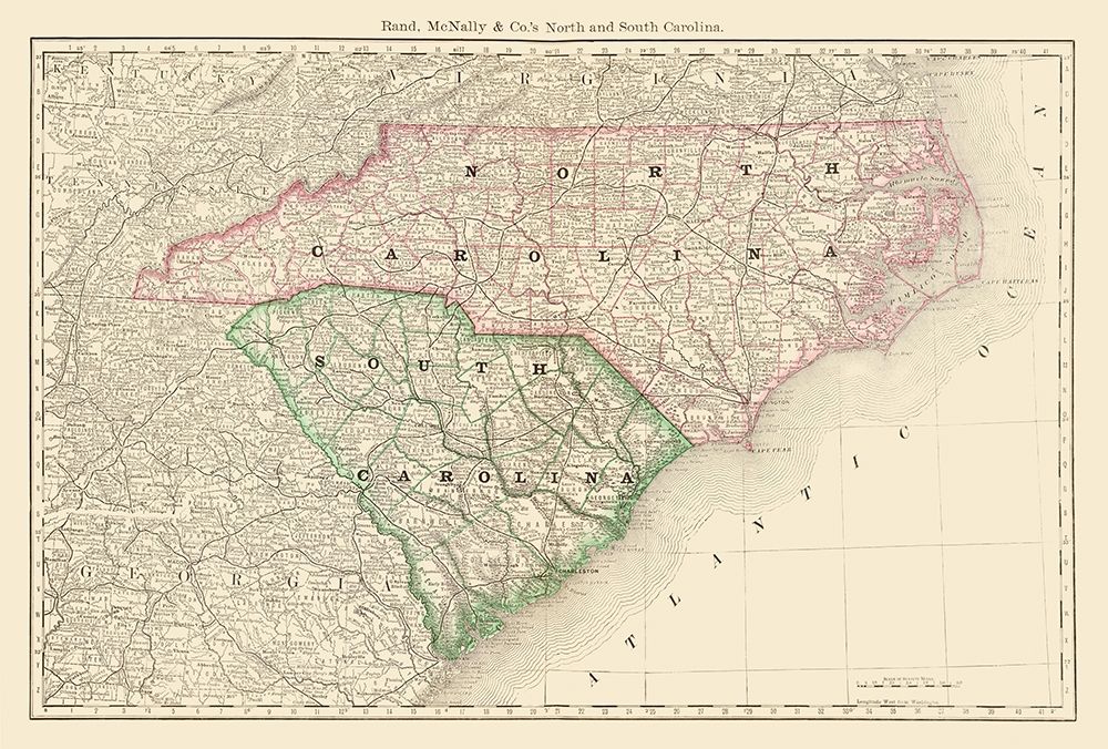 North Carolina, South Carolina - Rand McNally 1879 art print by Rand McNally for $57.95 CAD