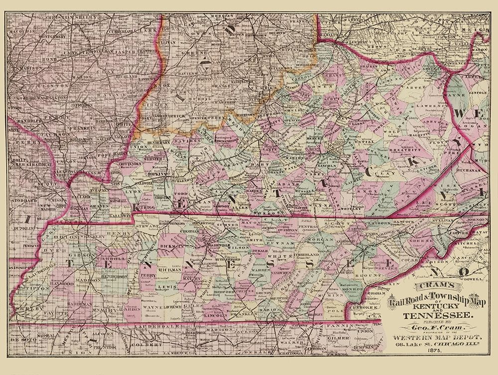Kentucky and Tennessee Railroads and Townships art print by Cram for $57.95 CAD