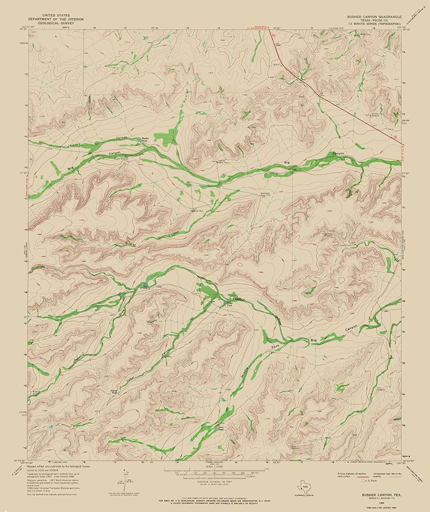 Busher Canyon Texas Quad - USGS 1968 art print by USGS for $57.95 CAD