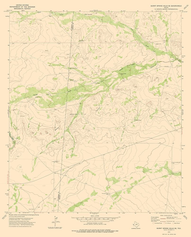 Burnt Spring Hills Texas Quad - USGS 1973 art print by USGS for $57.95 CAD
