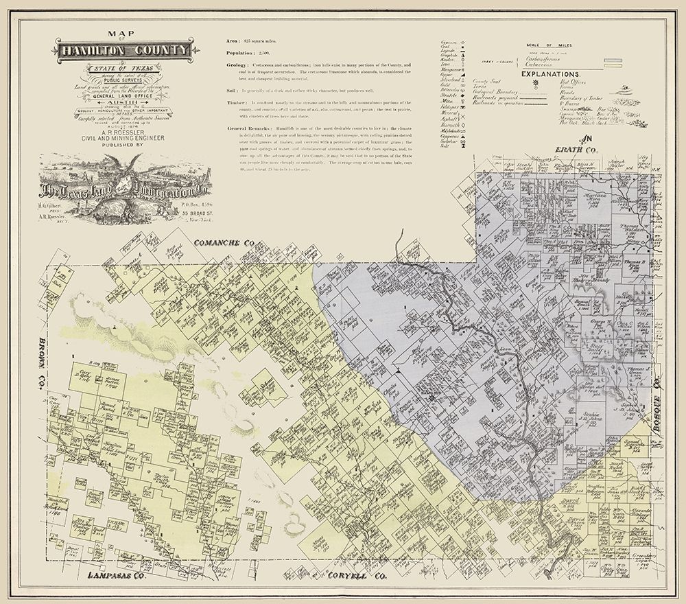 Hamilton County Texas - Roessler 1876 art print by Roessler for $57.95 CAD