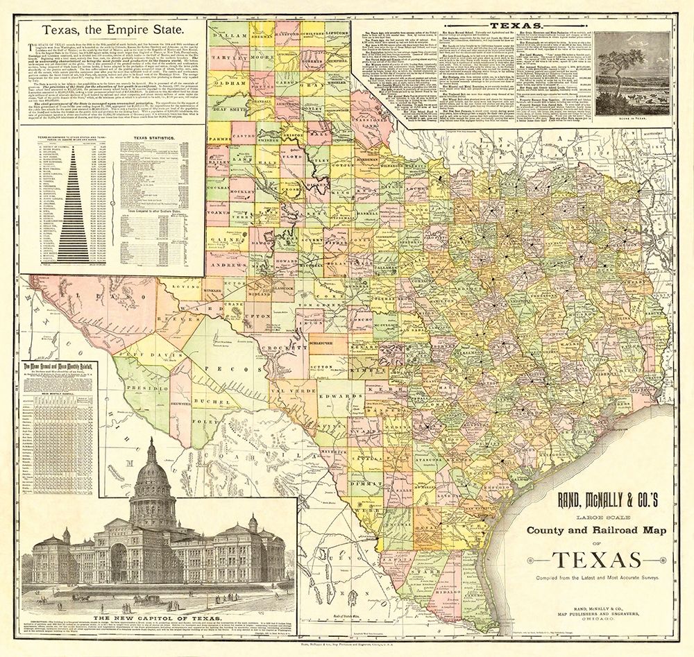 Texas Counties and Railroads - Rand McNally 1891 art print by Rand McNally for $57.95 CAD