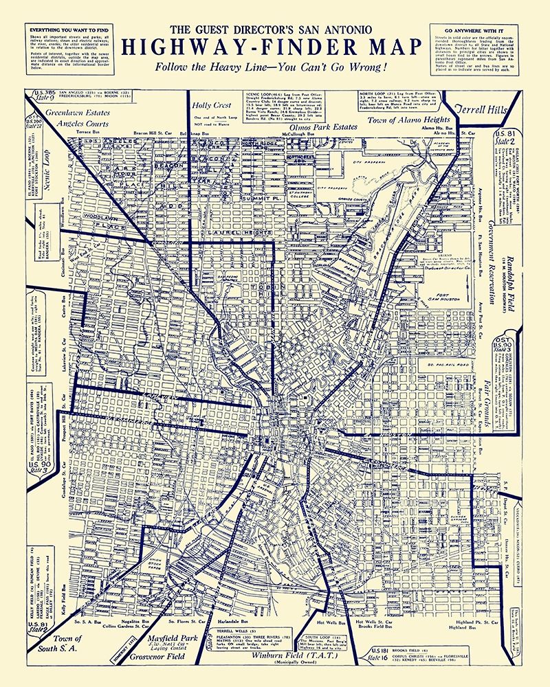San Antonio Texas Highway Finder - 1929 art print by Unknown for $57.95 CAD
