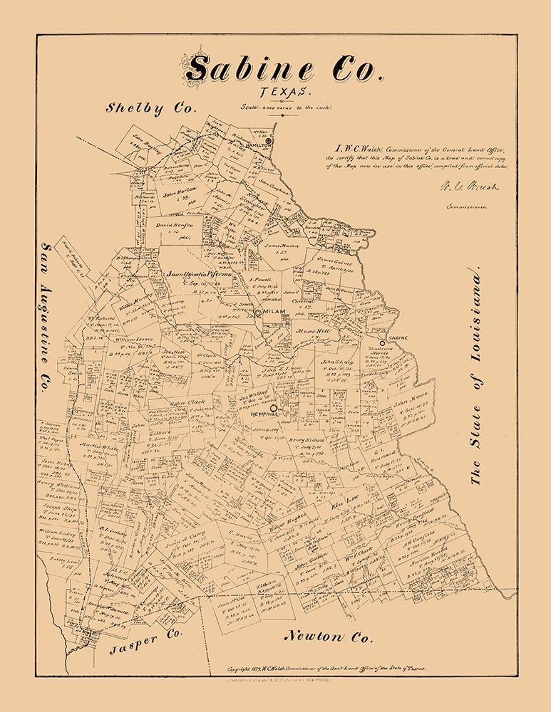 Sabine County Texas - Walsh 1879 art print by Walsh for $57.95 CAD