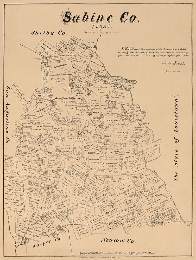 Sabine County Texas - Walsh 1879 art print by Walsh for $57.95 CAD