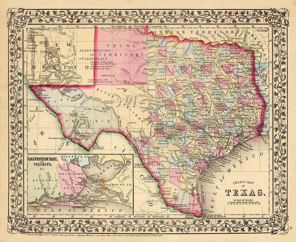Texas County Map - Mitchell 1870 art print by Mitchell for $57.95 CAD