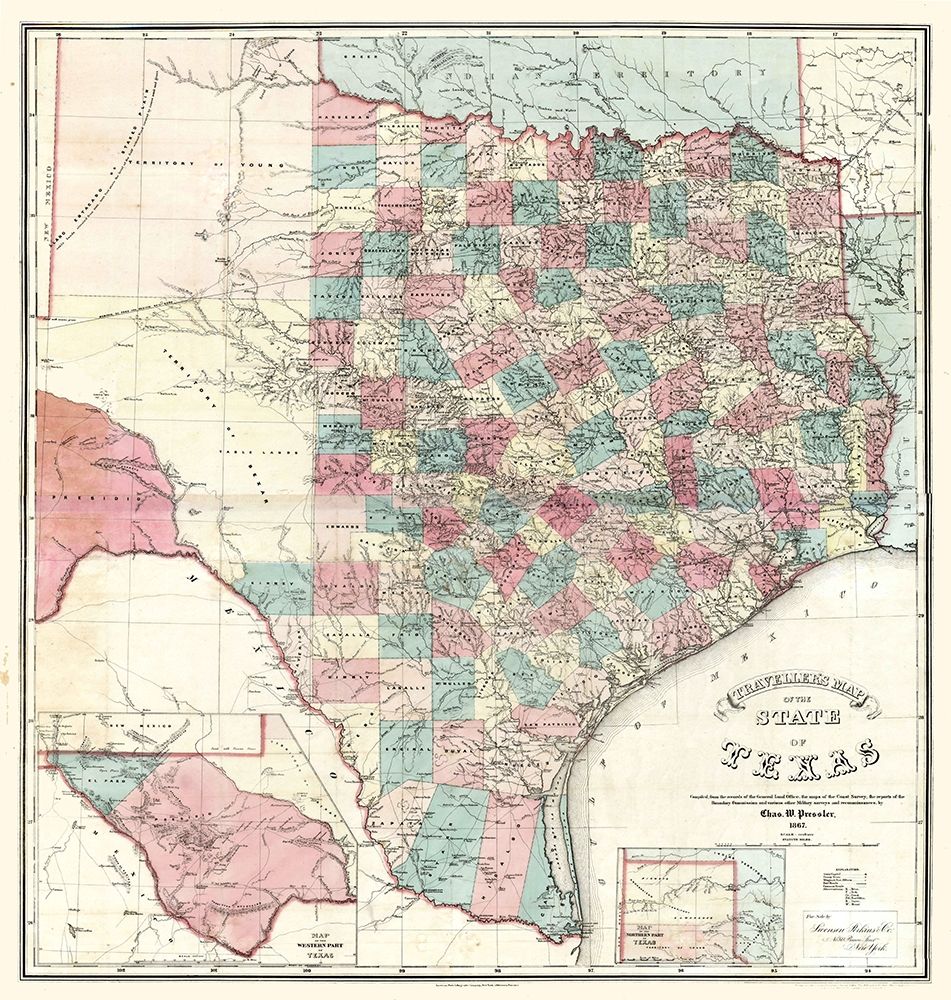Travellers Map Texas - Pressler 1867 art print by Pressler for $57.95 CAD
