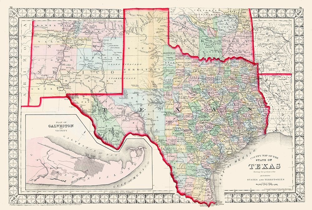 Texas - Augustus Mitchell 1874 art print by Mitchell for $57.95 CAD