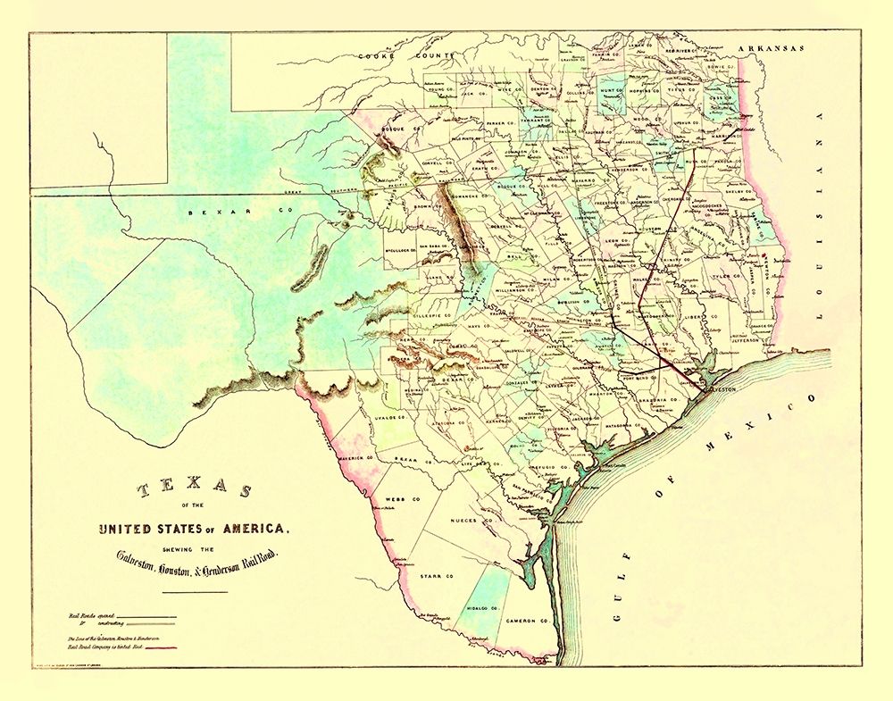 Galveston, Houston, Henderson Railroad 1872 art print by King for $57.95 CAD