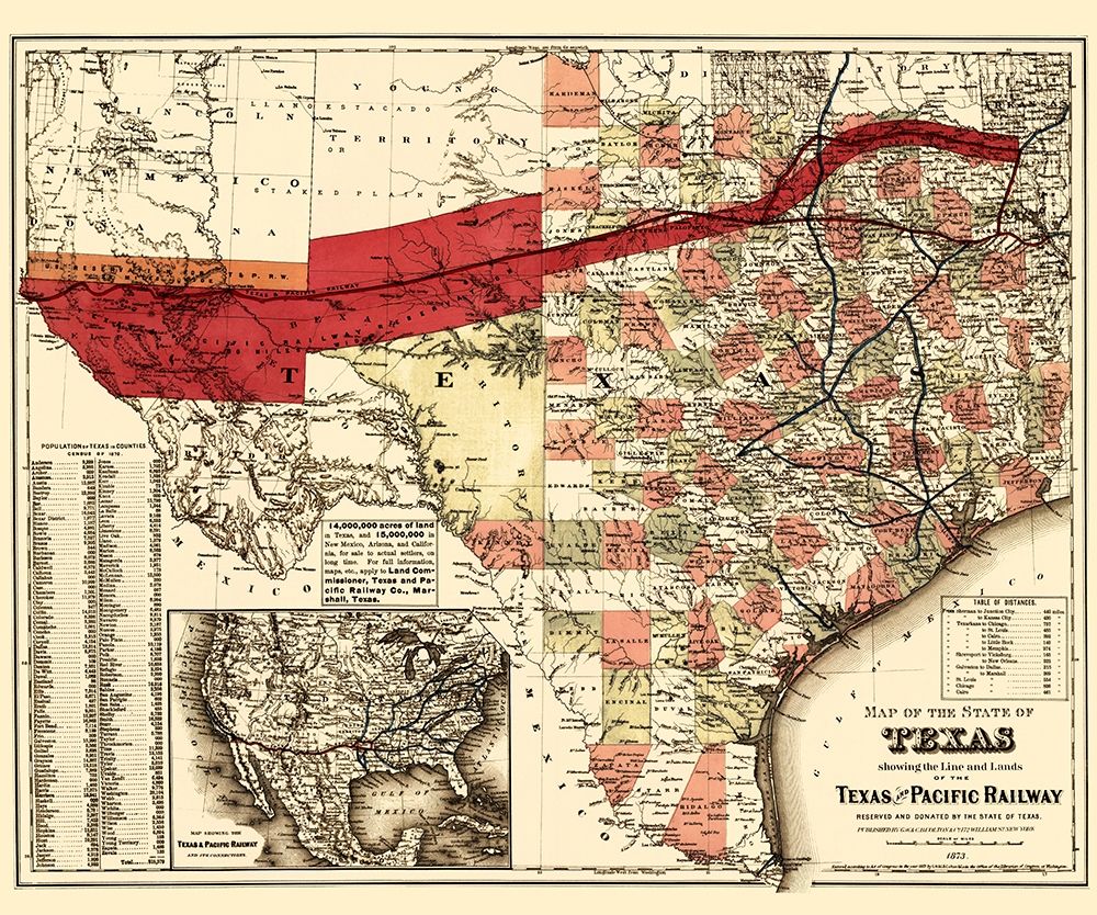 Texas and Pacific Railway - Colton 1873 art print by Colton for $57.95 CAD
