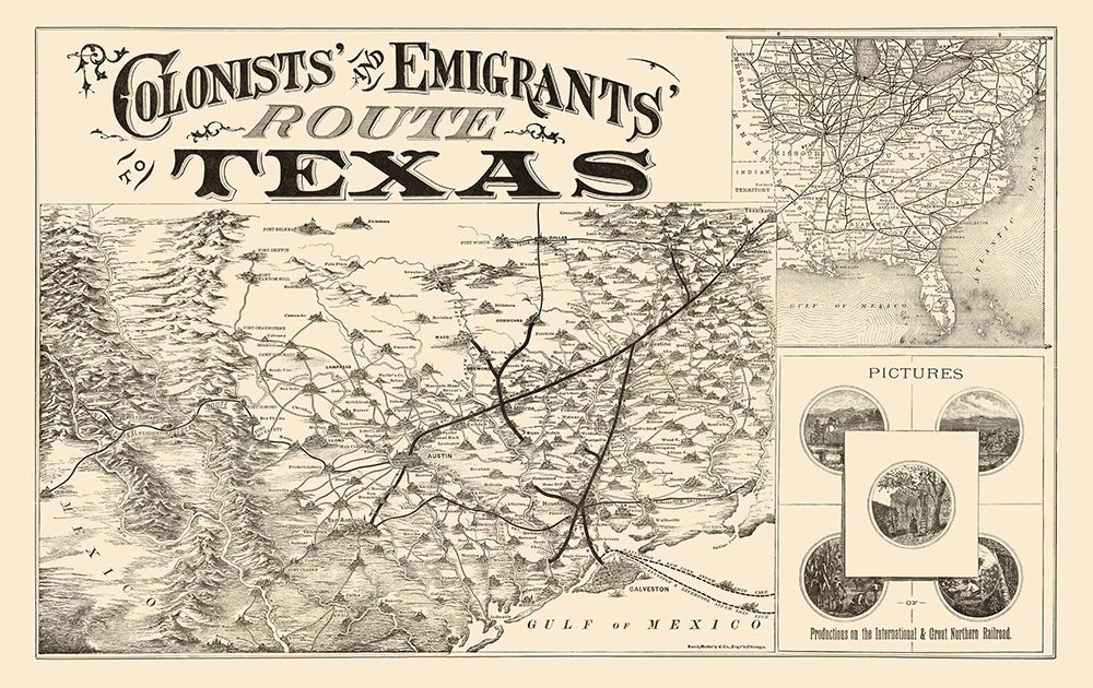 Texas Colonists and Emigrants Route 1878 art print by Rand McNally for $57.95 CAD