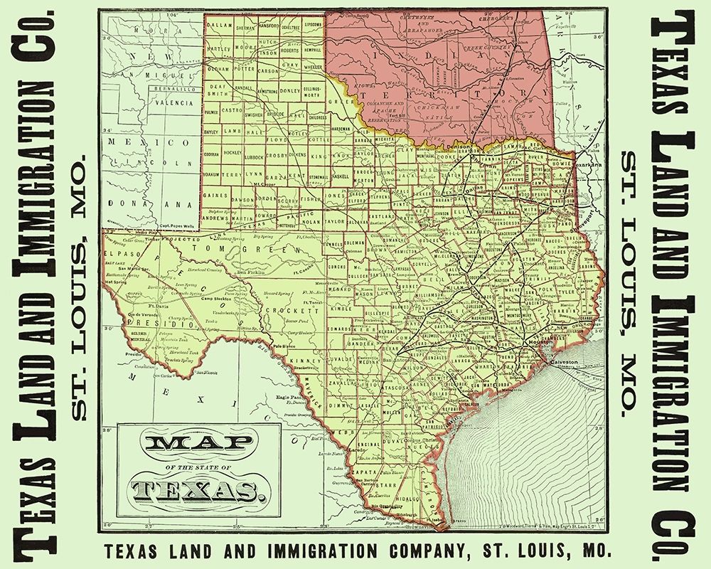Texas - Texas Land and Immigration 1876 art print by Texas Land and Immigration for $57.95 CAD