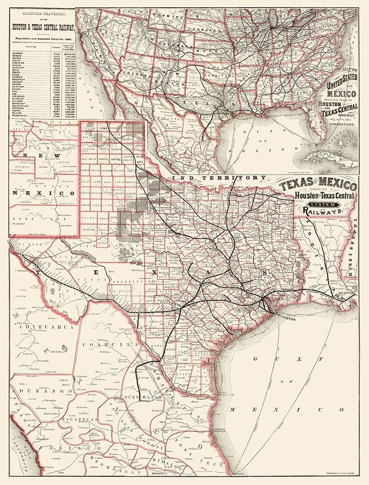 Houston and Texas Central Railways 1880 art print by Rand McNally for $57.95 CAD