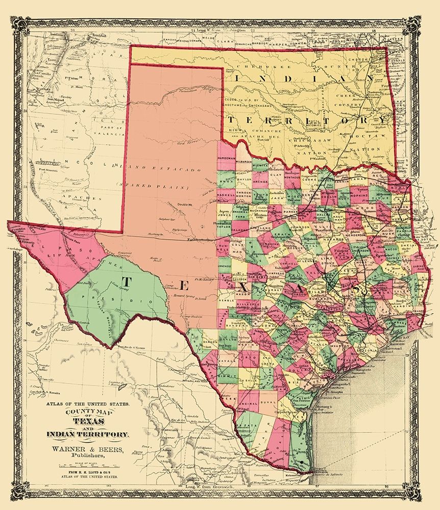Texas and Indian Territory - Warner and Beers 1876 art print by Beers for $57.95 CAD