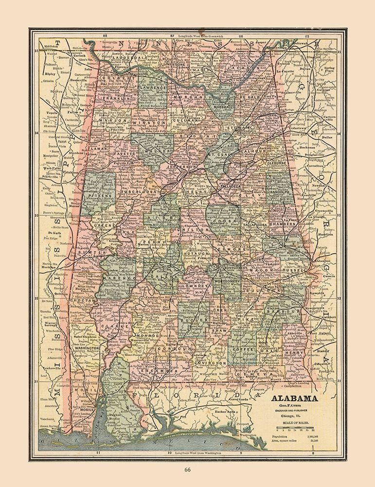 Alabama, United States - Cram 1888 art print by Cram for $57.95 CAD