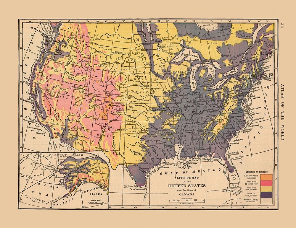 Altitude Map of US, Canada - Hammond 1910 art print by Hammond for $57.95 CAD