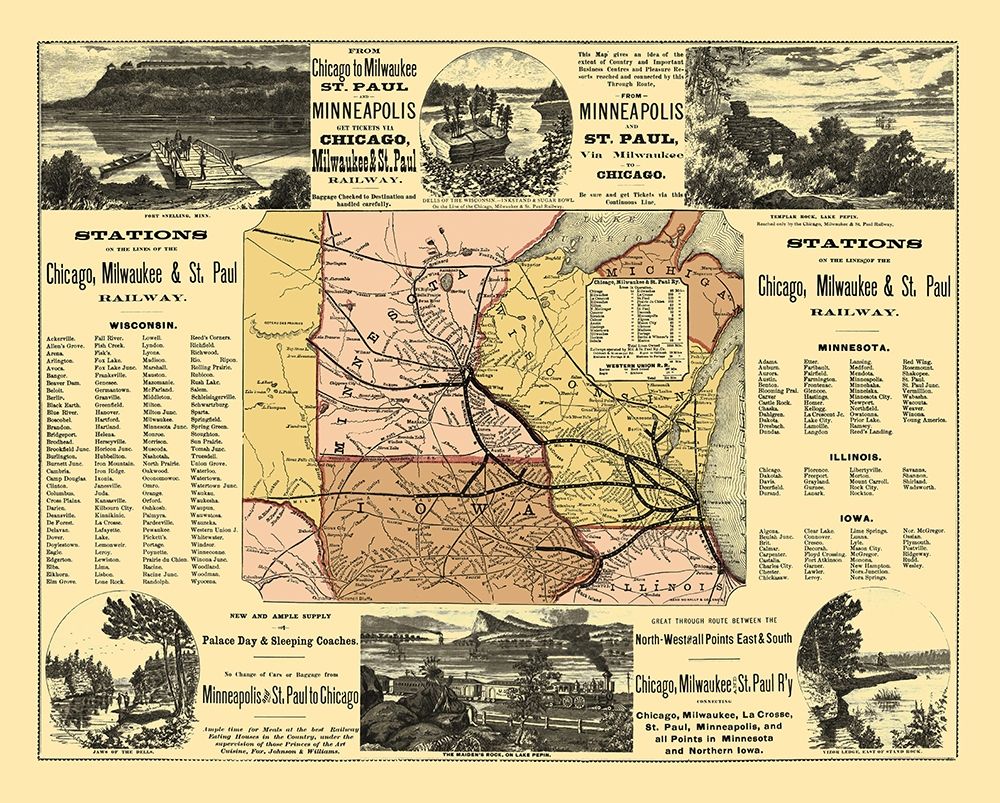 Chicago, Milwaukee, St Paul Railway Stations 1874 art print by Rand McNally for $57.95 CAD