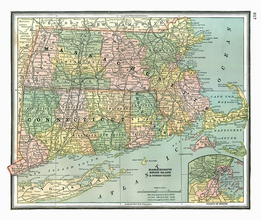 Massachusetts, Connecticut - Johnson 1888 art print by Johnson for $57.95 CAD