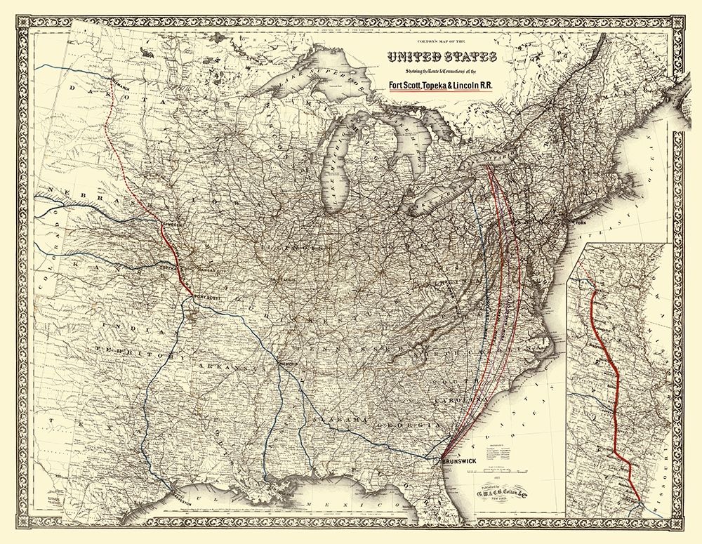 Fort Scott, topeka and Lincoln Railroad 1883 art print by Colton for $57.95 CAD