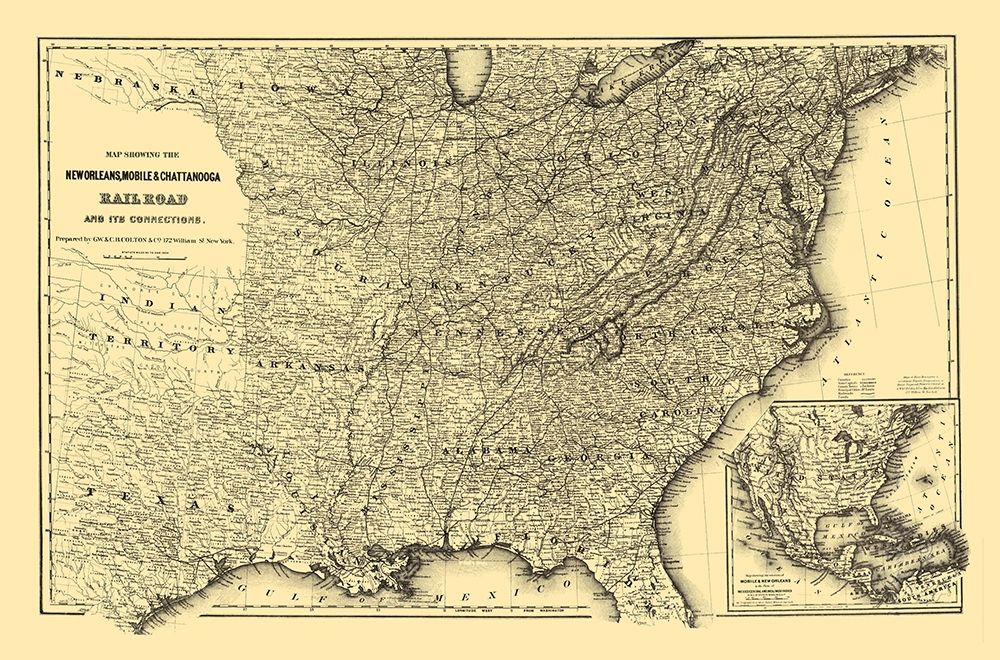 New Orleans, Mobile and Chattanooga Railroad 1865 art print by Colton for $57.95 CAD