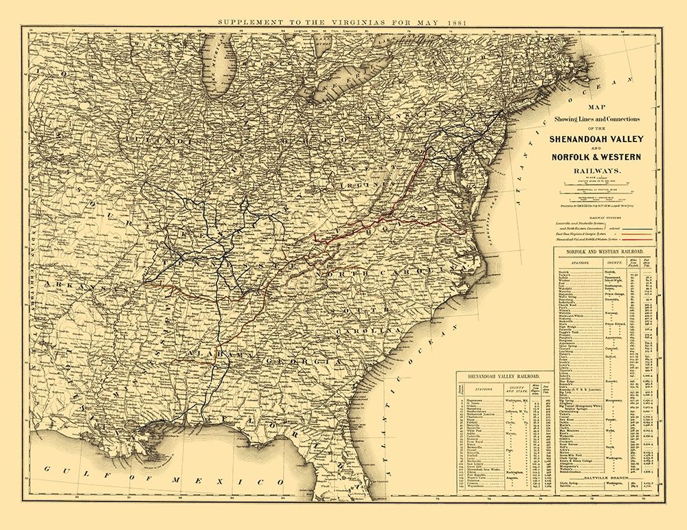 Shenandoah Valley, Norfolk and Western 1881 art print by Colton for $57.95 CAD