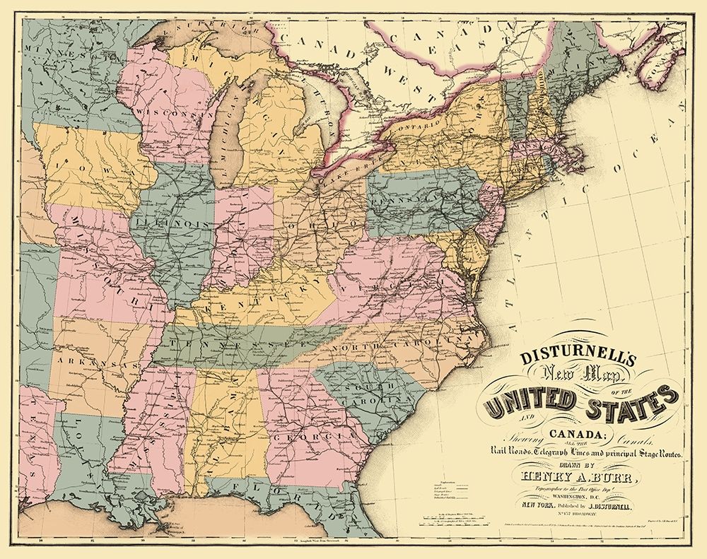 US East Railroad, Telegraph, Stage Coach 1850 art print by Disturnell for $57.95 CAD