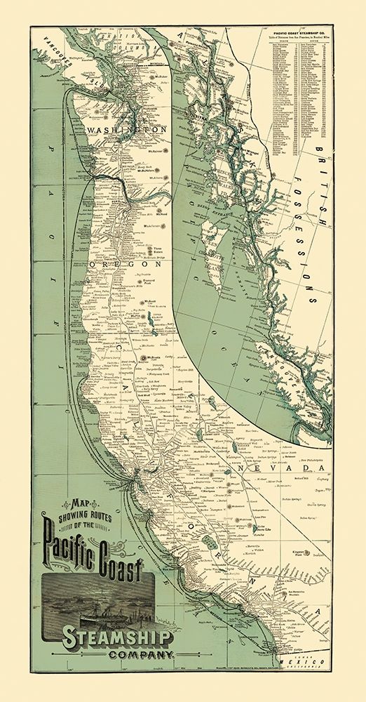 Pacific Coast Steamship Company Routes 1896 art print by Rand McNally for $57.95 CAD