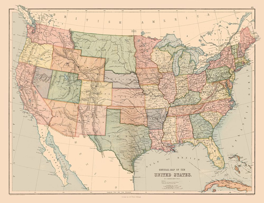 General Map of US - Black 1867 art print by Black for $57.95 CAD