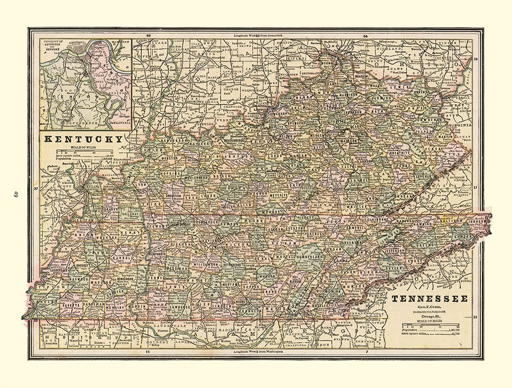 Kentucky, Tennessee - Cram 1888 art print by Cram for $57.95 CAD