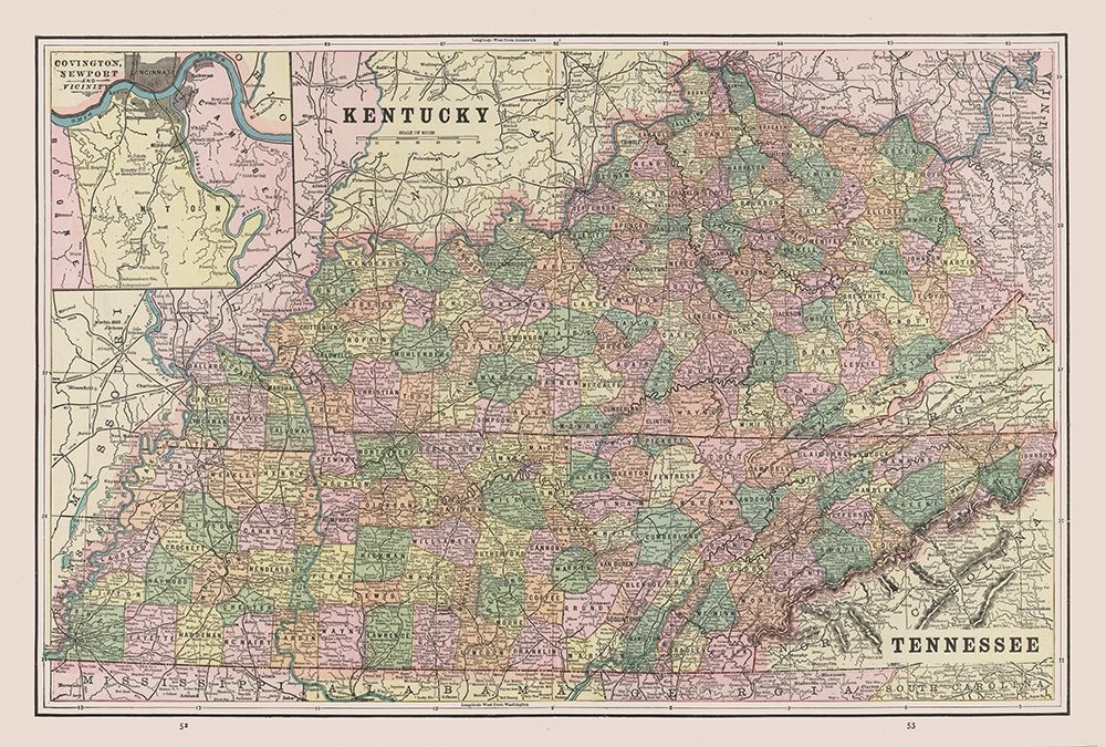 Kentucky - Tennessee - Cram 1892 art print by Cram for $57.95 CAD