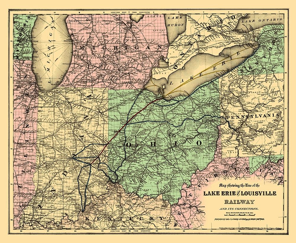 Lake Erie and Louisville Railway - Colton 1872 art print by Colton for $57.95 CAD