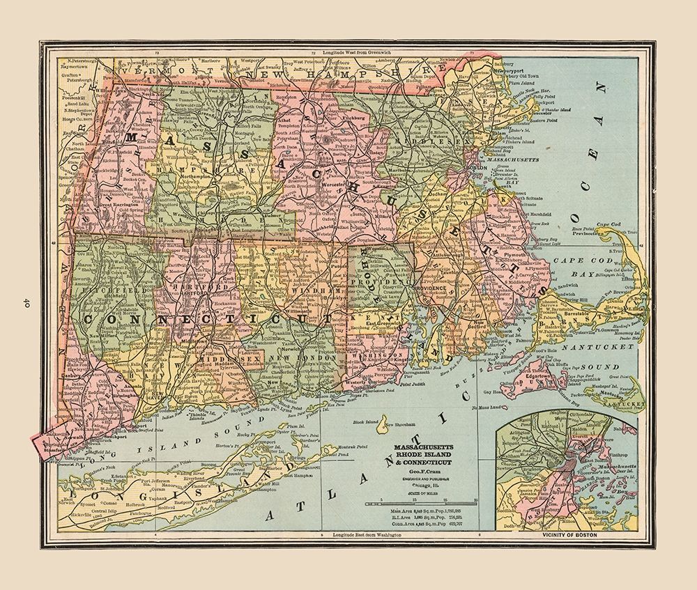 Massachusetts, Rhode Island - Cram 1888 art print by Cram for $57.95 CAD