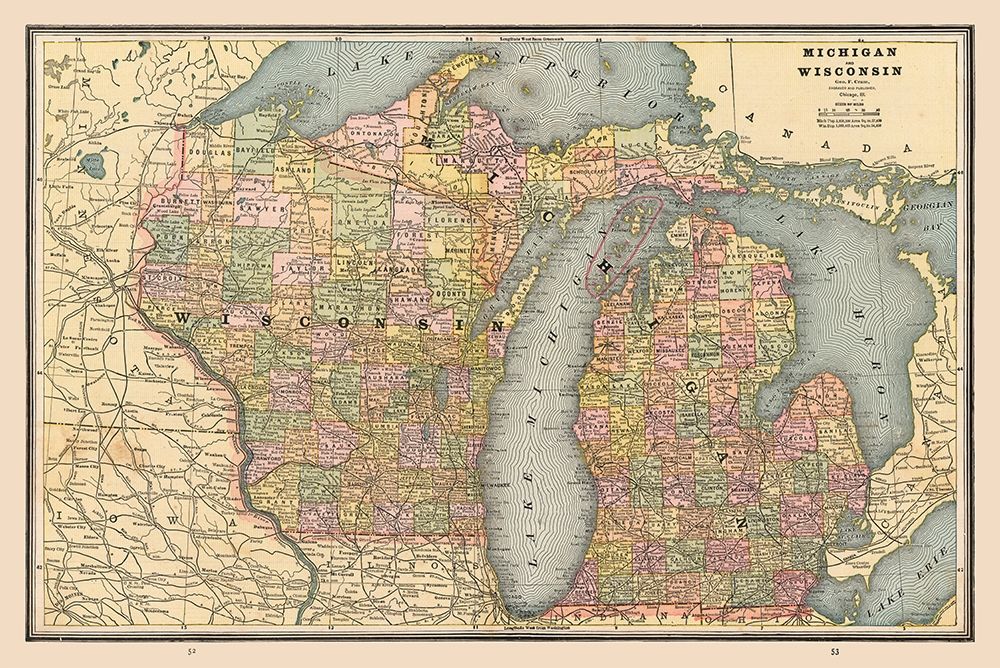 Michigan, Wisconsin - Cram 1888 art print by Cram for $57.95 CAD