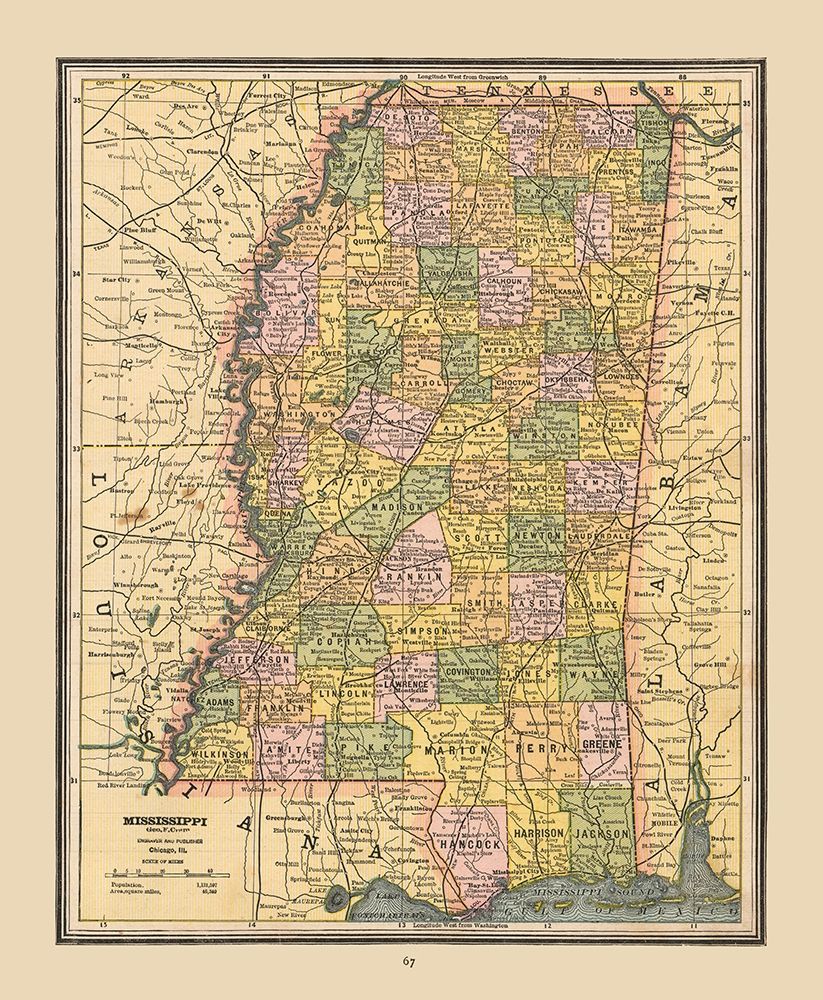Mississippi, United States - Cram 1888 art print by Cram for $57.95 CAD