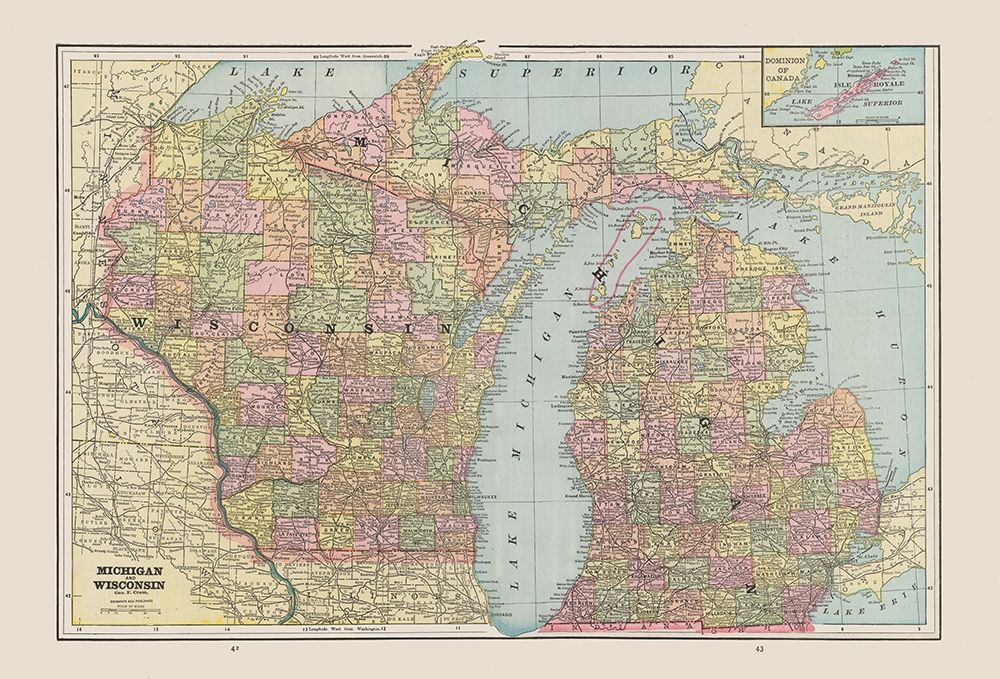 Michigan, Wisconsin - Cram 1892 art print by Cram for $57.95 CAD