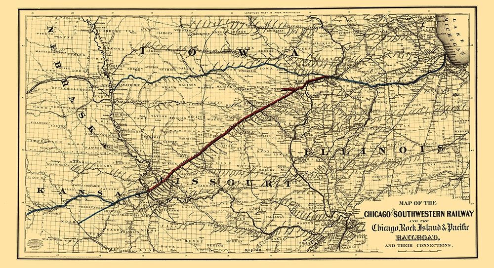 Chicago and Southwestern Railway - Colton 1869 art print by Colton for $57.95 CAD