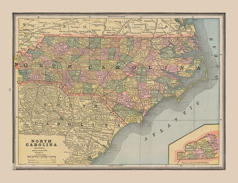 North Carolina, United States - Cram 1888 art print by Cram for $57.95 CAD