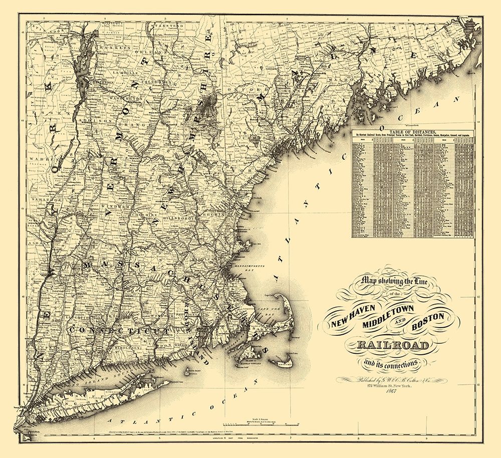 New Haven, Middletown and Boston 1867 art print by Colton for $57.95 CAD