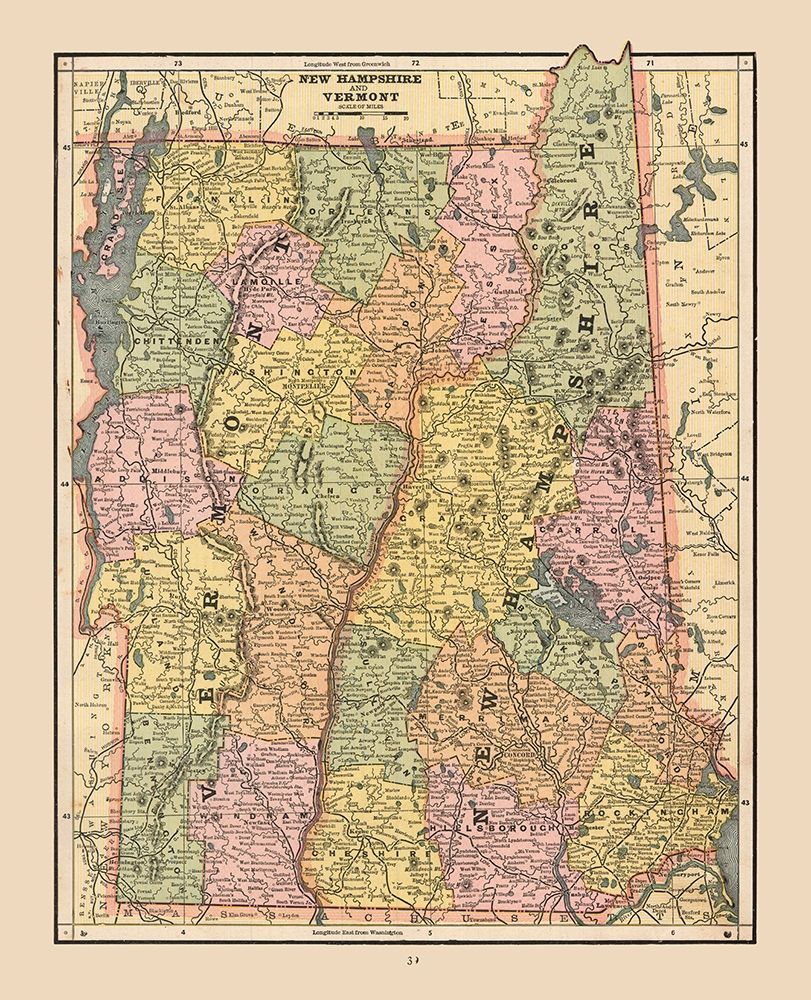 New Hampshire, Vermont - Cram 1888 art print by Cram for $57.95 CAD