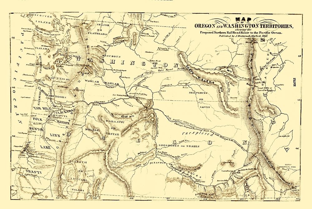 Oregon and Washington Proposed Railroad Route 1855 art print by Disturnell for $57.95 CAD