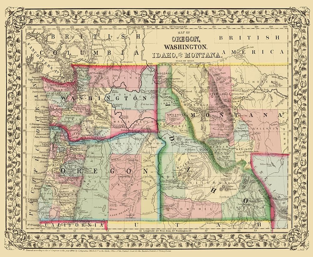 Oregon, Washington, Idaho, Montana - Mitchell 1870 art print by Mitchell for $57.95 CAD
