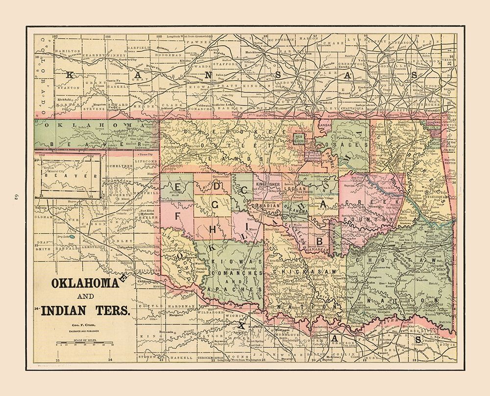 Oklahoma, Indian Territory - Cram 1892 art print by Cram for $57.95 CAD