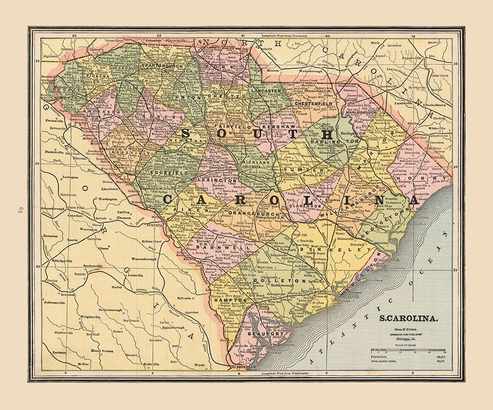 South Carolina, United States - Cram 1888 art print by Cram for $57.95 CAD