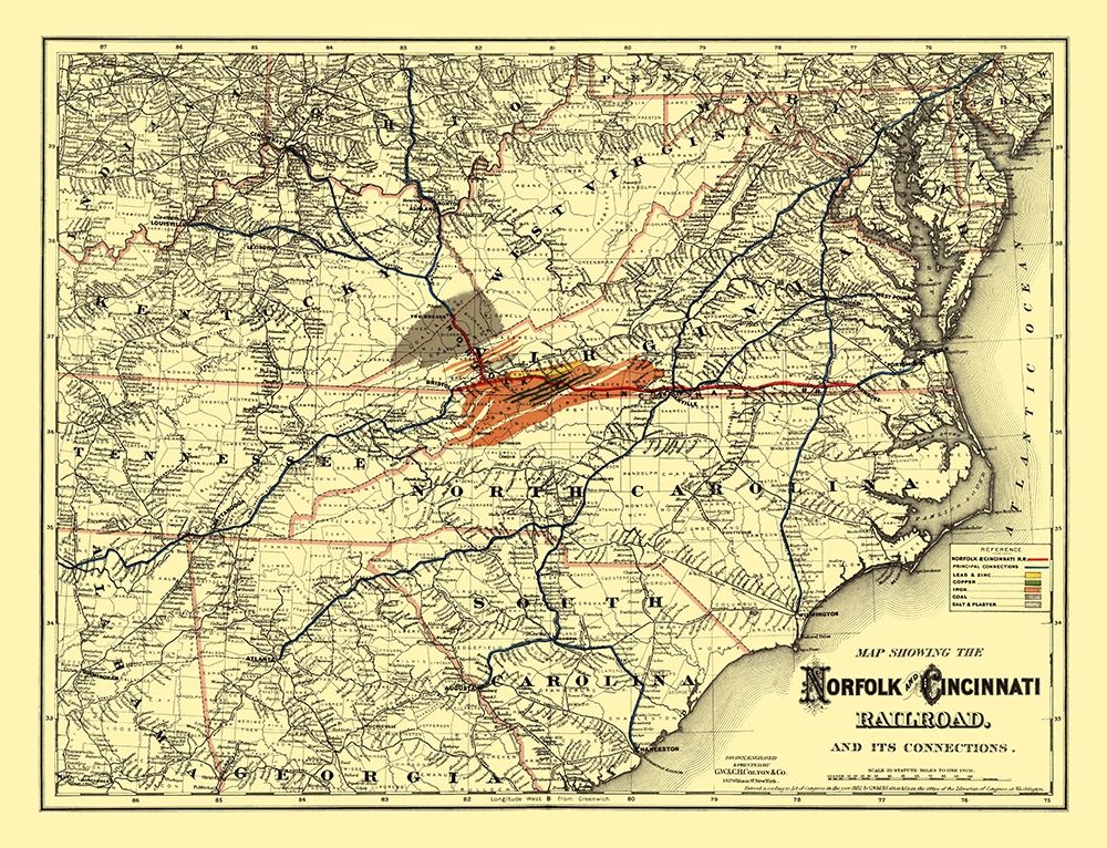 Norfolk and Cincinnati Railroad - Colton 1882 art print by Colton for $57.95 CAD