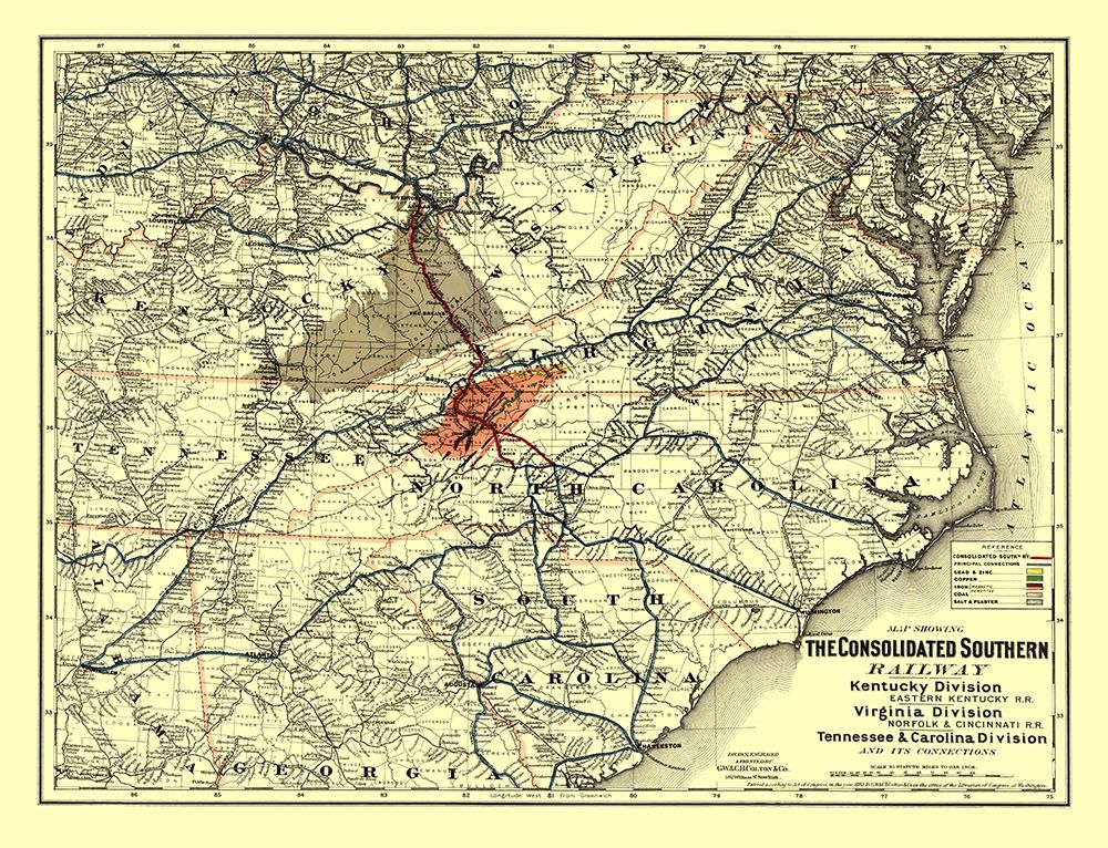 Norfolk and Cincinnati Railroad - Colton 1883 art print by Colton for $57.95 CAD