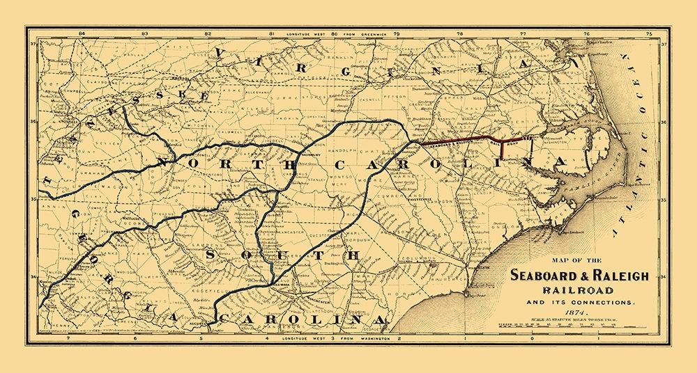 Seaboard and Raleigh Railroad - Colton 1874 art print by Colton for $57.95 CAD