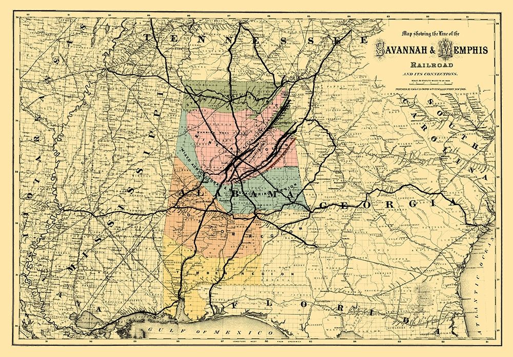 Savannah and Memphis Railroad - Colton 1872 art print by Colton for $57.95 CAD